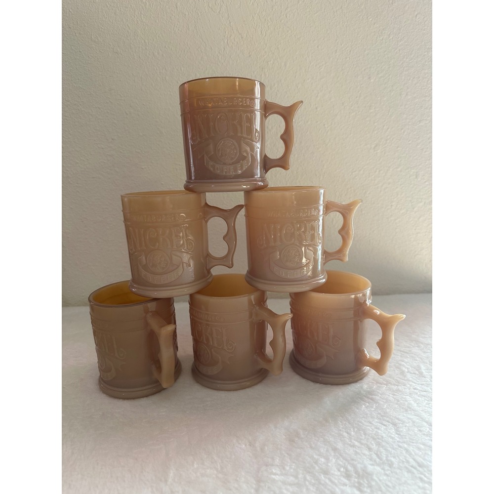 Set of 6 Vintage Whataburger Nickel Coffee Mugs Peach Luster Milk Glass